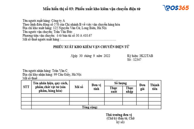 Mẫu phiếu xuất kho kiêm vận chuyển điện tử