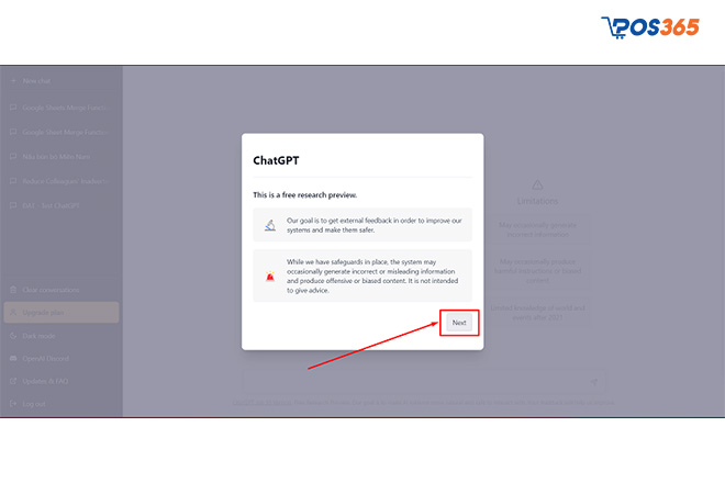 Bấm Next các bảng thông tin của ChatGPT